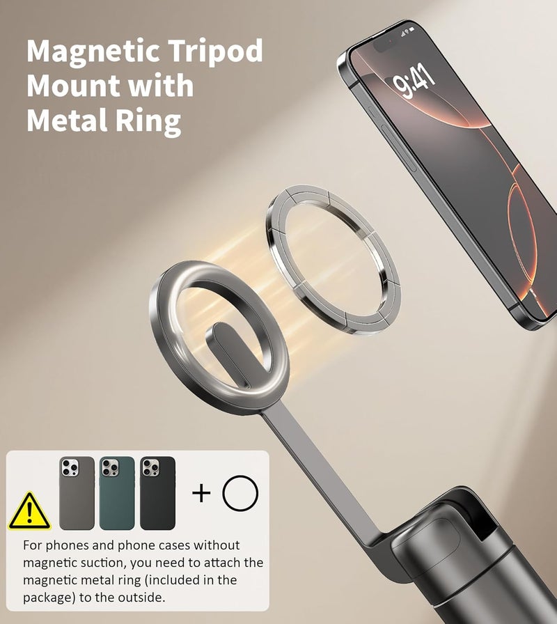 TONEOF 68" Magnetic Selfie Stick Tripod with Aluminum Strong Magnetic Holder for Magsafe, 360° Rotatable Travel Phone Tripod Stand with Metal Ring & Rechargeable Remote for iPhone/Android（Black） - Image 2